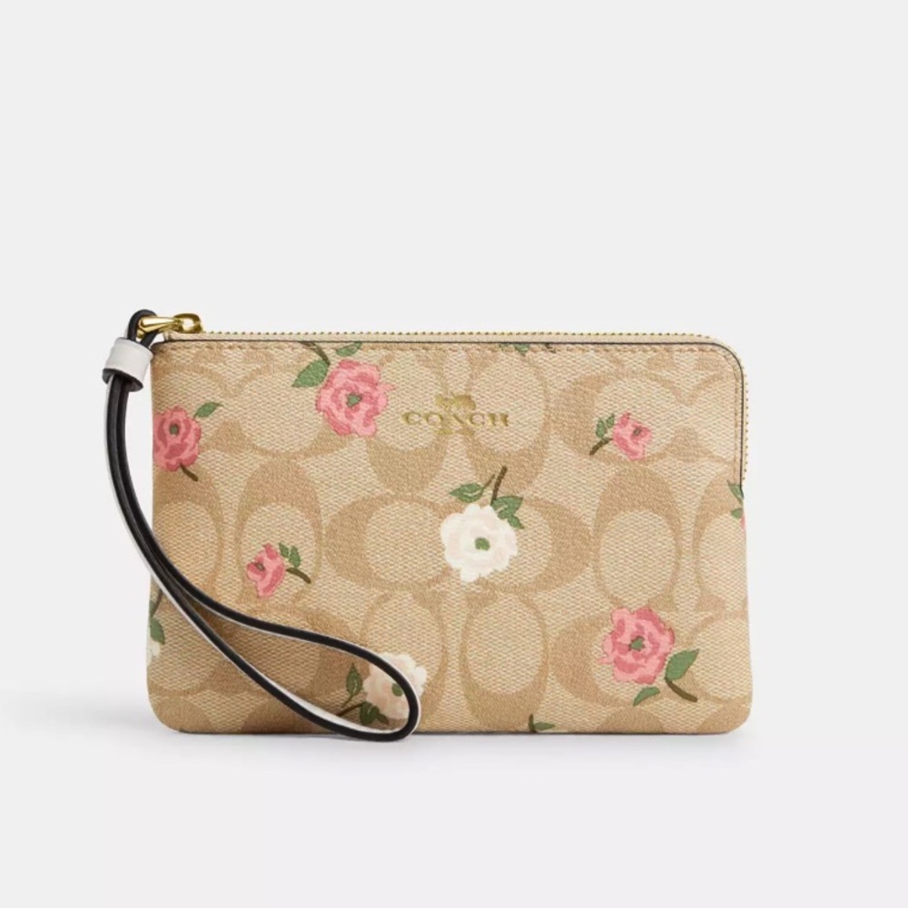 NWT COACH Corner Zip Wristlet In Signature Canvas With Floral Print